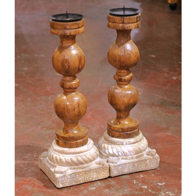 Gothic Pair of Early 20th C. French Gothic Oak Candle Stands on Carved Stone Bases For Sale - Image 3 of 13
