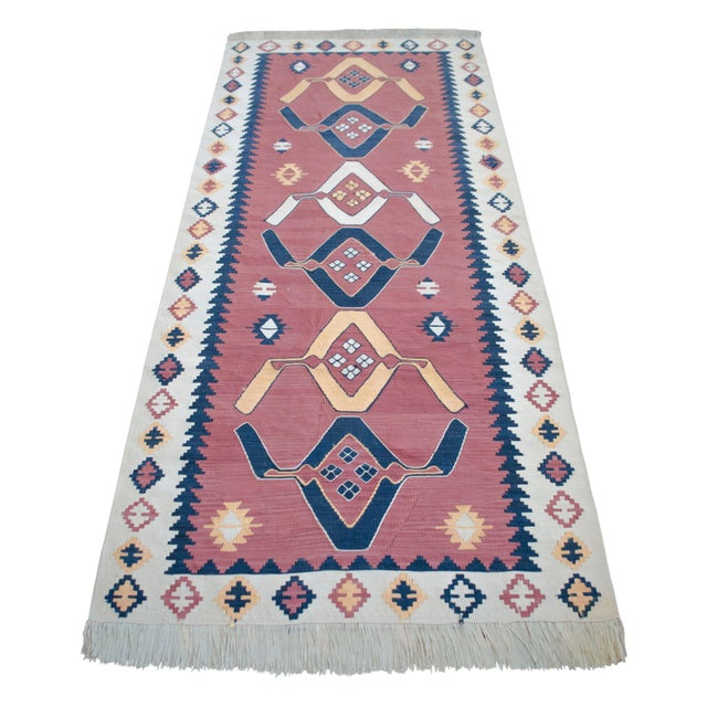 Textile 3x7 Pink Navy Silk Kilim, Modern Turkish Flatweave Runner, Handwoven Entryway Corridor Rug, Geometric Tribal Runner For Sale - Image 7 of 18