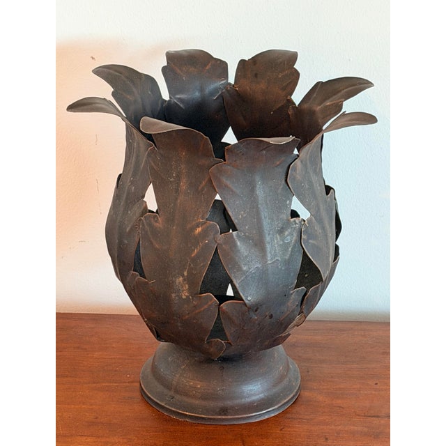 Hollywood Regency Vintage Hollywood Regency Style Metal Leaf Cachepot Planter/Pillar Candle Holder For Sale - Image 3 of 10