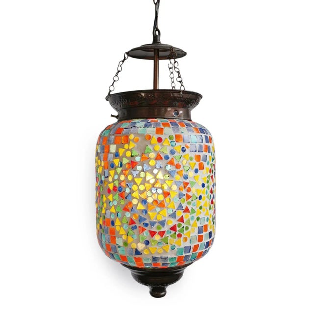 Colorful mosaic bucket pendant lantern. Hand crafted in India with beautiful multi-colored patterned mosaic glass....