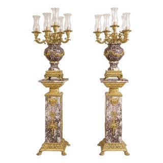 Baroque Burgundy Pedestal Pair With Candelabra Vases – Ornate Gold Leaf & Bronze Accent Display Set For Sale