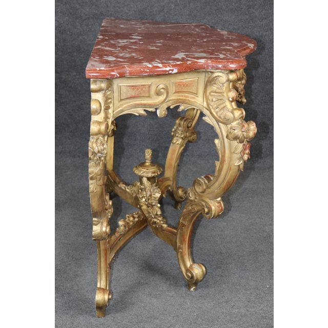 Wood 19th Century French Rococo Carved Giltwood Marble Top Console Table For Sale - Image 7 of 14