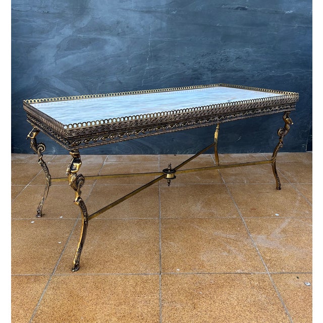 Neoclassical Bronze and Marble Coffee Table with Swan Motifs, 1940s For Sale - Image 4 of 15