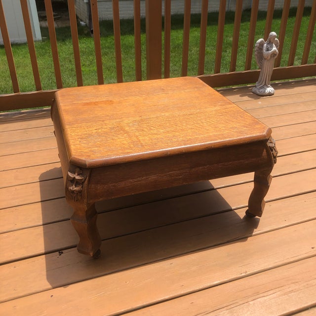 Antique quarter sawn oak caster table/plant stand. Overall width/depth is 26.5 x 26.5 in. Tabletop area is 24 x 24.5 in....