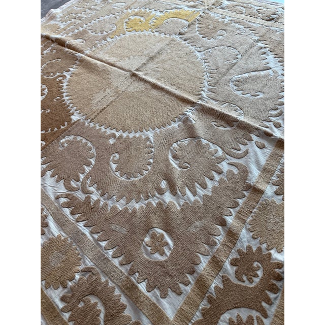 Textile Suzani Wall Decor — Neutral Tan Uzbek Tablecloth, 4'6'' X 4'10'' For Sale - Image 7 of 11