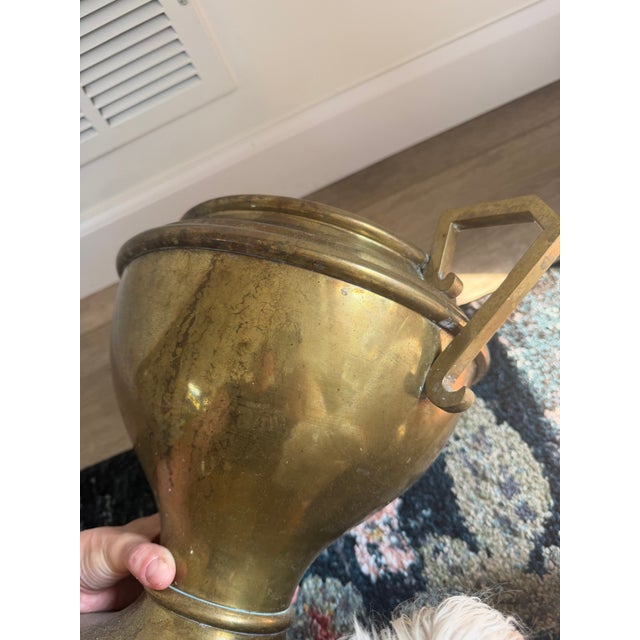 Mid-Century Modern Vintage Neoclassical Solid Brass Pedestal Urn Planter With Geometric Handles For Sale - Image 3 of 9