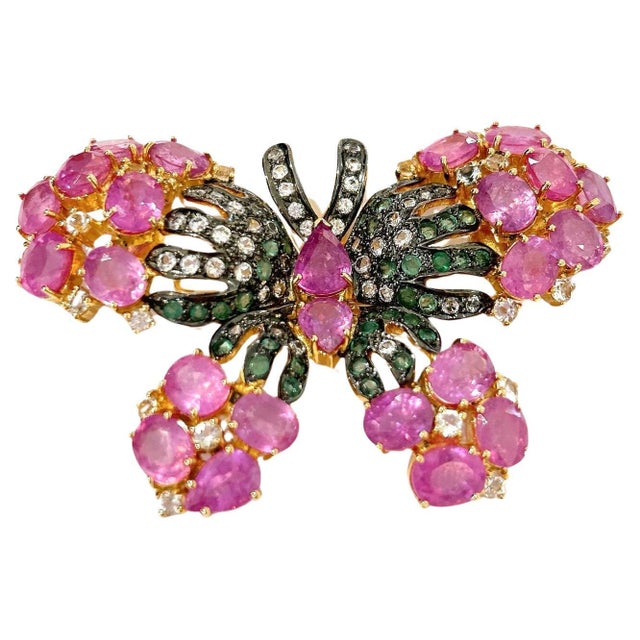 Stunning Bochic "Orient" Multi Sapphires & Ruby Brooch Set In 18K Gold & Silver For Sale - Image 15 of 18