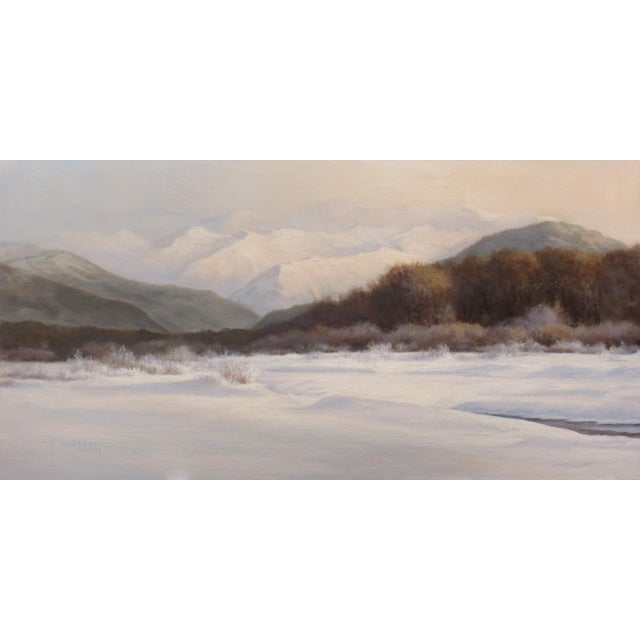 Valley Sunrise by Rob Alexander | Oil on linen panel Winter landscape with mountains and trees For Sale