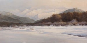 Valley Sunrise by Rob Alexander | Oil on linen panel Winter landscape with mountains and trees