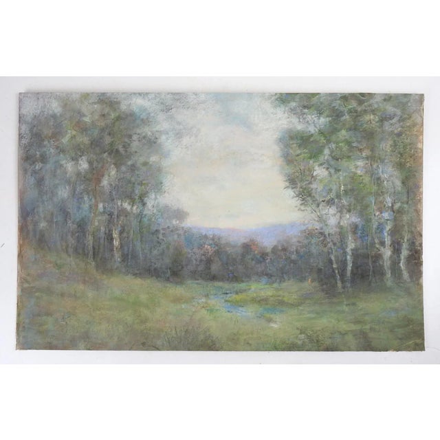 Late 19th century impressionist pastel on paper landscape painting of misty meadow stream by George Hamilton Brodhead...