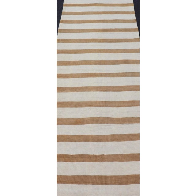 Vintage Turkish Kilim Rug with Horizontal Stripes in Light Brown, caramel and light Cream. Keivan Woven Arts rug...