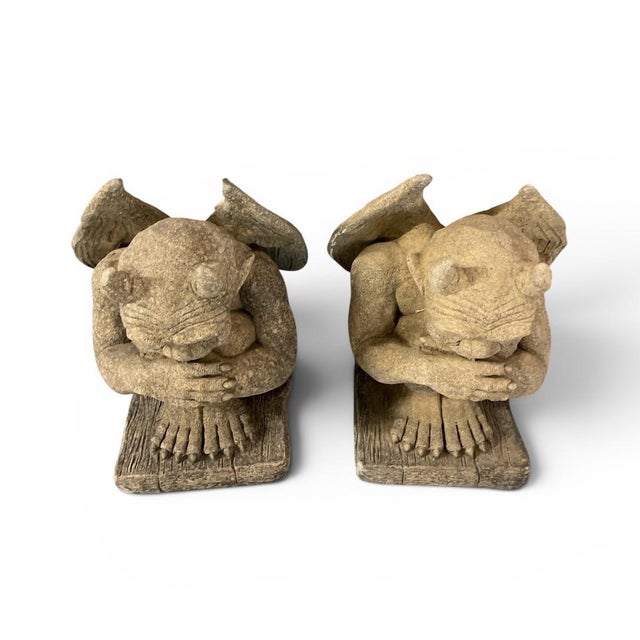 Pair of Vintage Cast Stone Winged Gargoyle Statues For Sale - Image 4 of 11