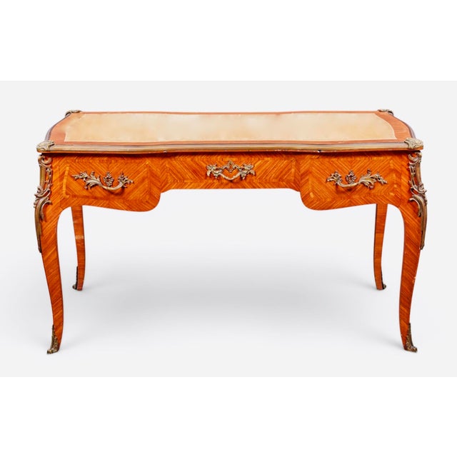 Almond French Louis XV Parquetry & Gilt-Bronze Leather-Top Bureau Plat, Circa 1900 For Sale - Image 8 of 8