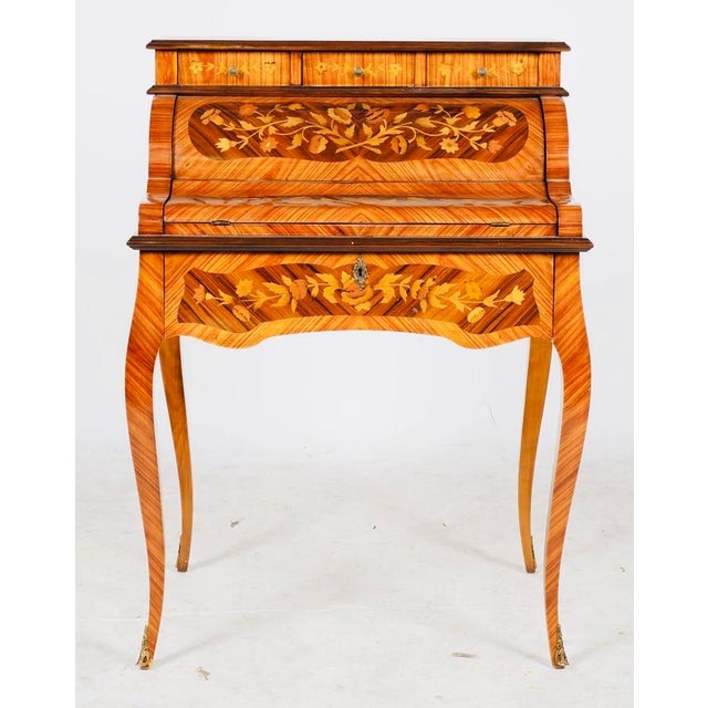 Rococo 1970s Striking Italian Inlaid Tambour Secretary Desk / Petite Marquetry Writing Desk With Automatic Roll Top For Sale - Image 3 of 9