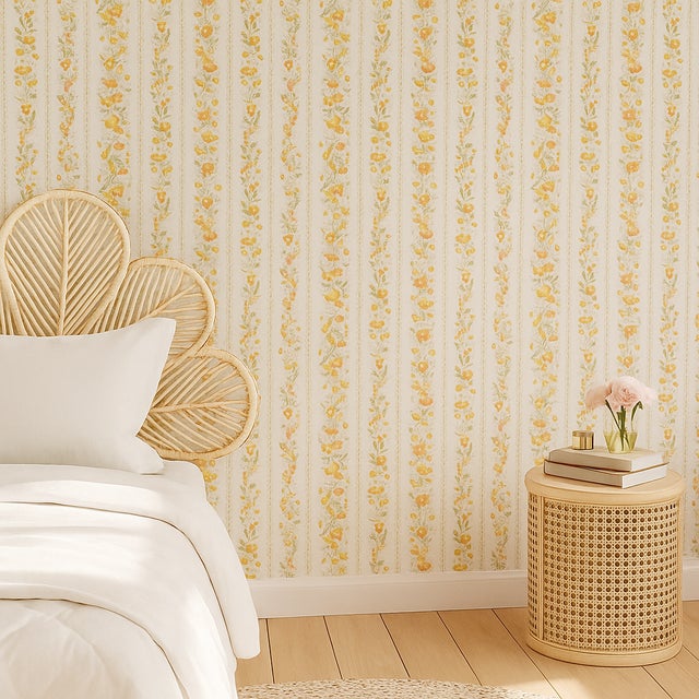 Paper Vintage 1980s Striped Orange Floral Motif Wallpaper For Sale - Image 7 of 8