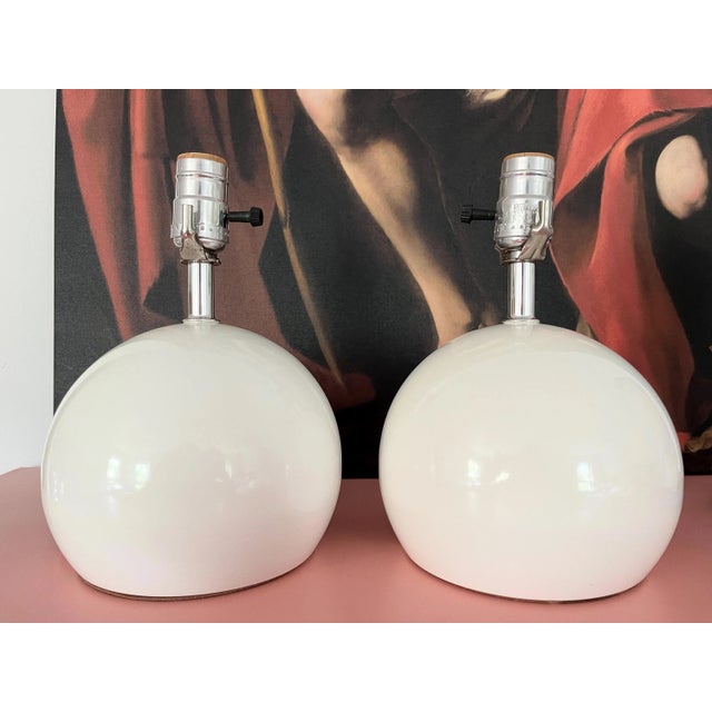 1960s Lightolier White Ball Lamps & Shades - a Pair For Sale - Image 13 of 17
