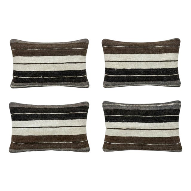 Turkish Wool Lumbar Kilim Pillow Cover 16'' X 24'' - Set of Four For Sale