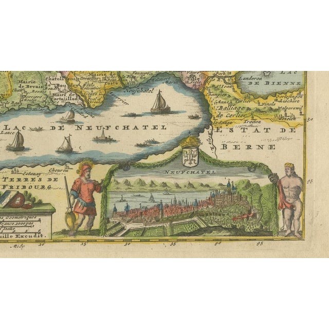 Early 18th Century Antique Map of Neuchâtel & Lake Neuchâtel with Heraldry, 1706 For Sale - Image 5 of 10