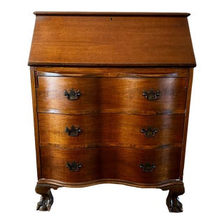 Mid 20th Century Vintage Walnut Serpentine Drop Front Secretary Desk With Ball & Claw Feet For Sale