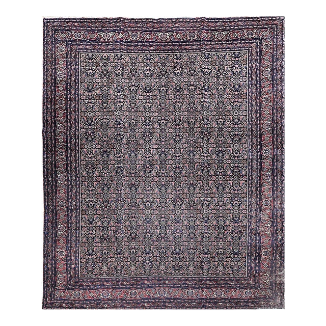 Vintage Persian Bidjar Rug, All-Over Herati Geometric Pattern, in Midnight Blue & Rust-Red, 9’ X 12’ For Sale