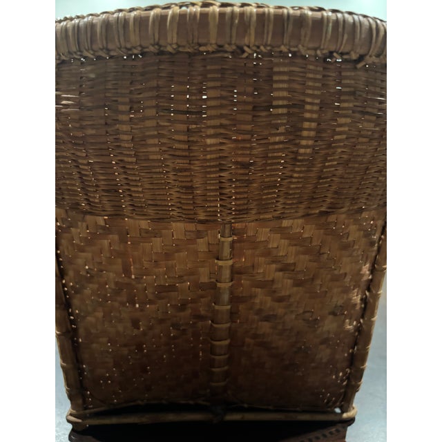 Wood 15 Inch Wide Vintage Handwoven Round Reed Market Basket With Strap Loops Mid-20th Century Organic Modern Storage For Sale - Image 7 of 9