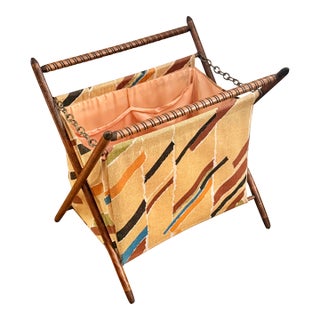 Vintage Midcentury Sewing Knitting Yarn Caddy Basket With Wooden Folding Frame For Sale