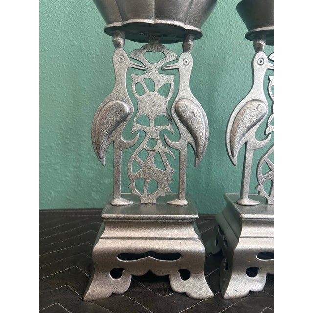 Brass Pair of Early-Mid 20th Century Chinese Silver-Finished Brass Altar Candlesticks – Cranes & Fish For Sale - Image 8 of 9