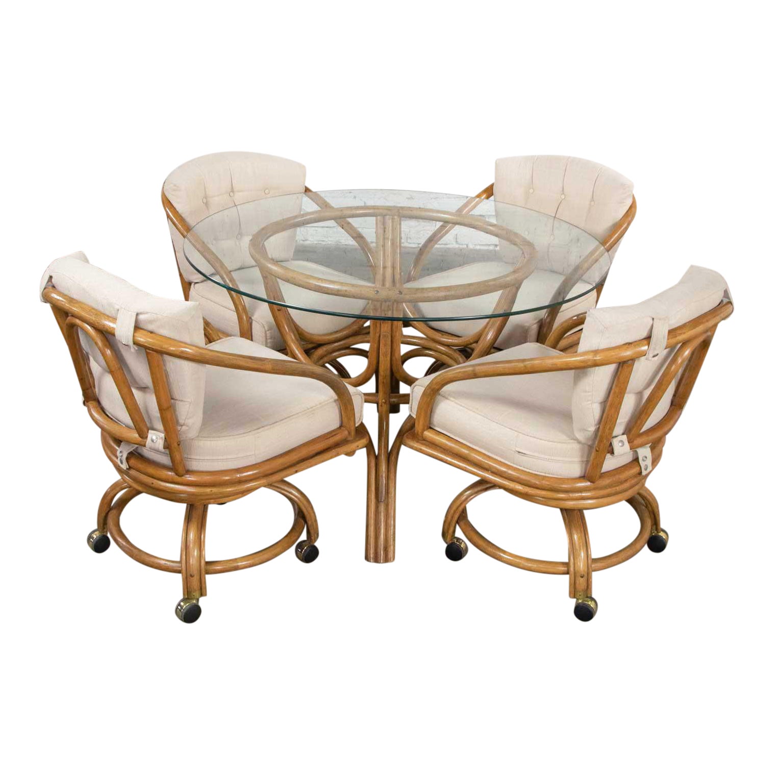 Vintage Rattan Game Table Set Round Glass Top Table & 4 Swivel Rolling