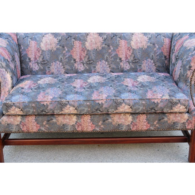Antique Chippendale English Garden Floral Camelback Loveseat Sofa