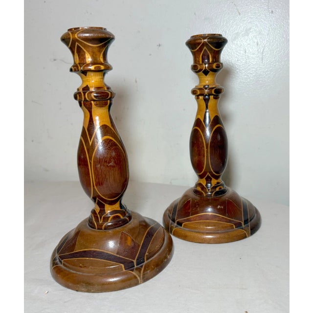 Pair of Antique Hand Turned Wood Marquetry Parquetry Candlesticks Candle Holders For Sale - Image 11 of 13