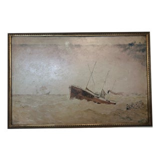 Naval Shipwreck, 1900, Oil Painting on Cardboard For Sale