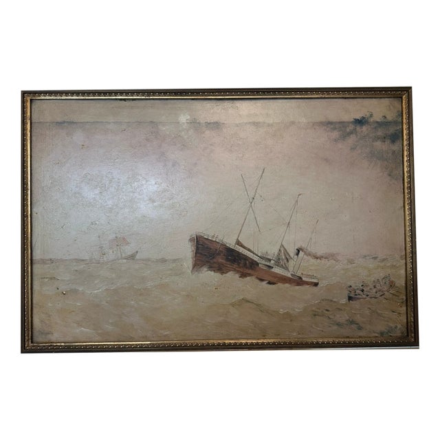 Naval Shipwreck, 1900, Oil Painting on Cardboard For Sale