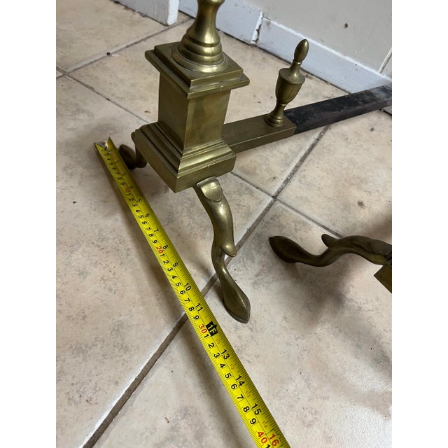 Vintage Pair of Victorian Queen Anne Style Polished Brass Andirons For Sale - Image 11 of 12