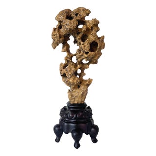 Chinese Yellow Scholar Taihu Stone on Wood Stand For Sale