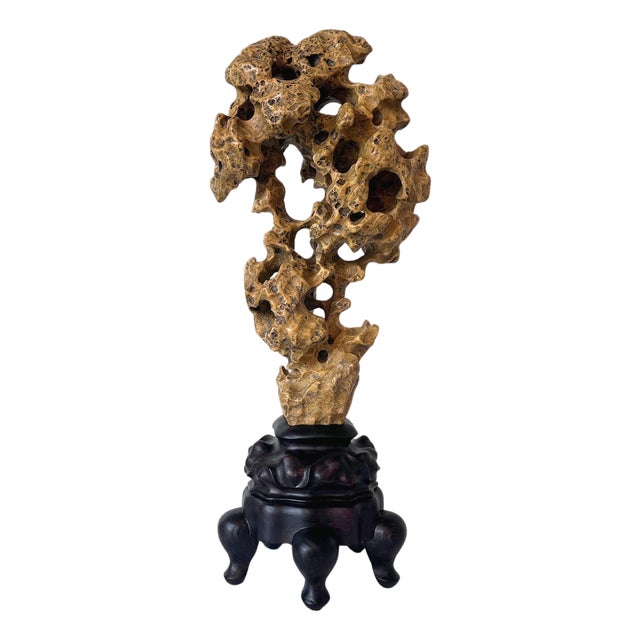 Chinese Yellow Scholar Taihu Stone on Wood Stand For Sale