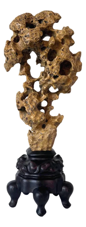 Chinese Yellow Scholar Taihu Stone on Wood Stand