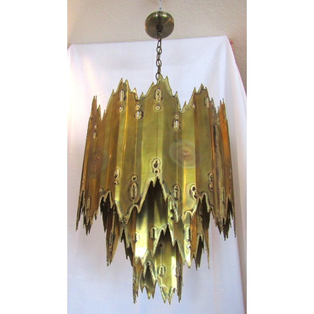 1970s Mid Century Modern Tom Greene Torch Cut Brass Brutalist Chandeliers - a Pair For Sale - Image 12 of 18