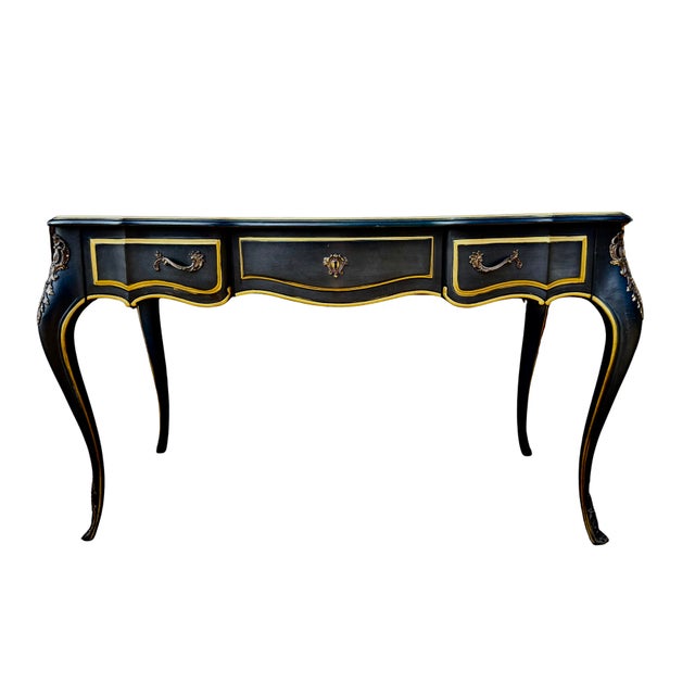 Vintage Drexel Heritage Et Cetera Louis XV French Provincial Black Lacquer Writing Desk with Tooled Leather Top | Bureau...