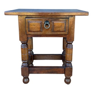 Early 20th Century Spanish Oak Side Table with Drawer, 1930 For Sale