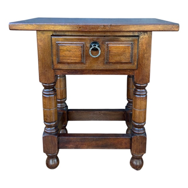 Early 20th Century Spanish Oak Side Table with Drawer, 1930 For Sale