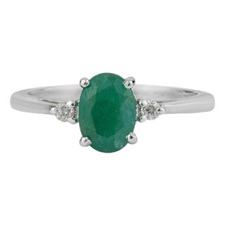 Everyday Oval Emerald Gemstone and Diamond Ring in Sterling Silver, Size 7.5 For Sale