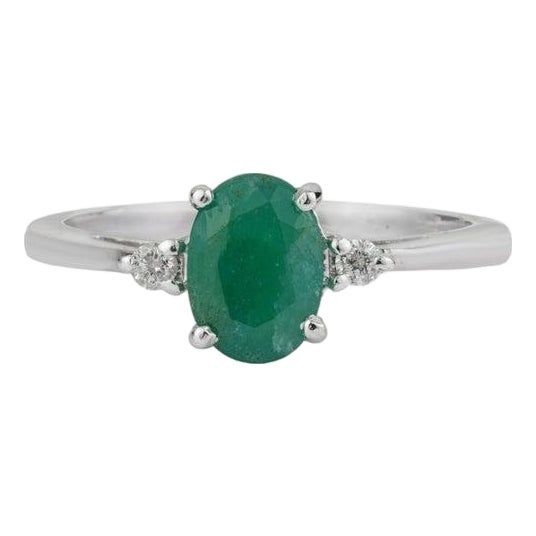 Everyday Oval Emerald Gemstone and Diamond Ring in Sterling Silver, Size 7.5 For Sale