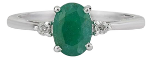 Everyday Oval Emerald Gemstone and Diamond Ring in Sterling Silver, Size 7.5