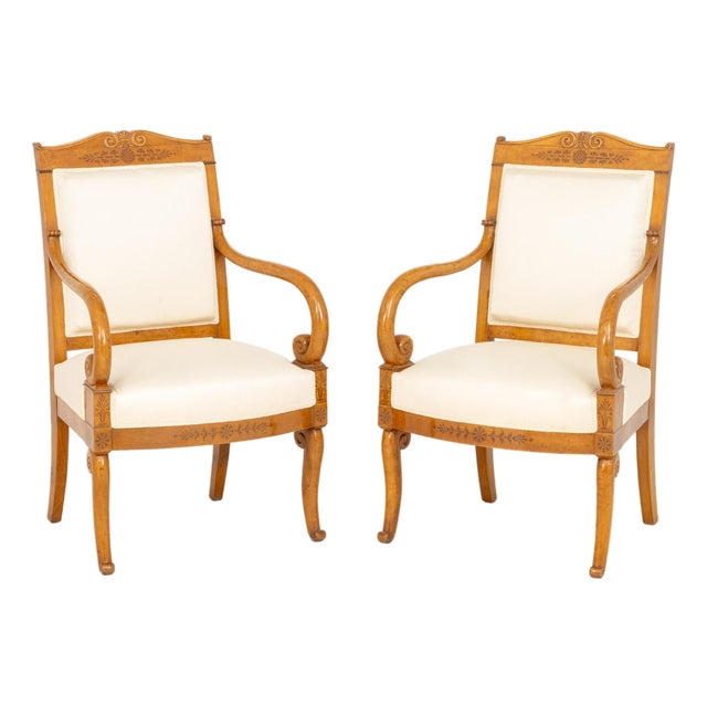 French Empire Style Walnut Armchairs, Pair For Sale