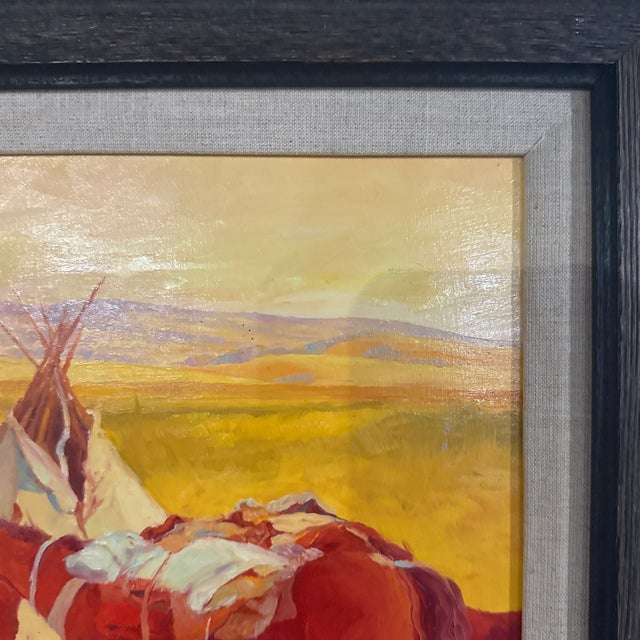 1979 William Nelson Western Native American Camp Scene Painting on Masonite – Framed For Sale - Image 9 of 12