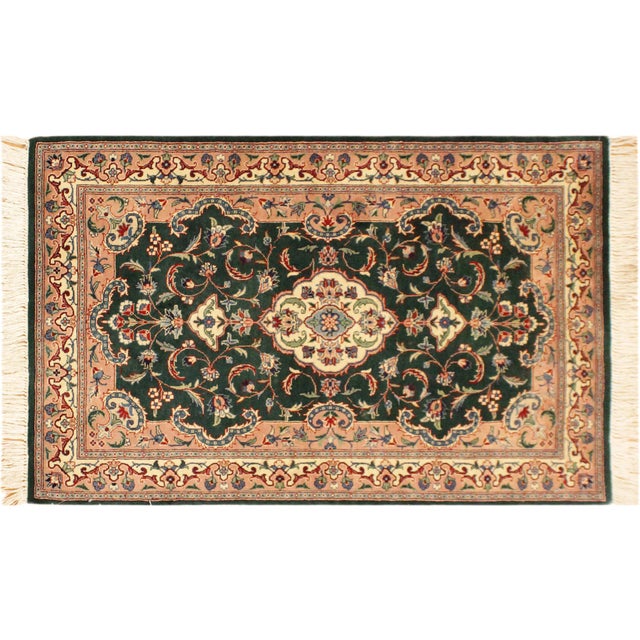 Ivory Medallion 1990's Kashan Pak-Persian Green/Ivory Wool Rug - 2'6'' X 4'1'' For Sale - Image 8 of 9