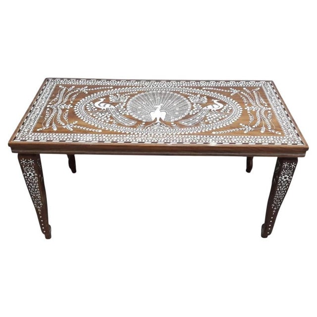 Indian Rosewood Peacock Inlaid Coffee Table with Floral Decoration For Sale - Image 3 of 5