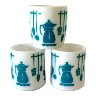 1960s Mid Century Modern Hazel Atlas Kitchen Aids Turquoise Coffee Mugs Tea Cups - Set of 3 For Sale