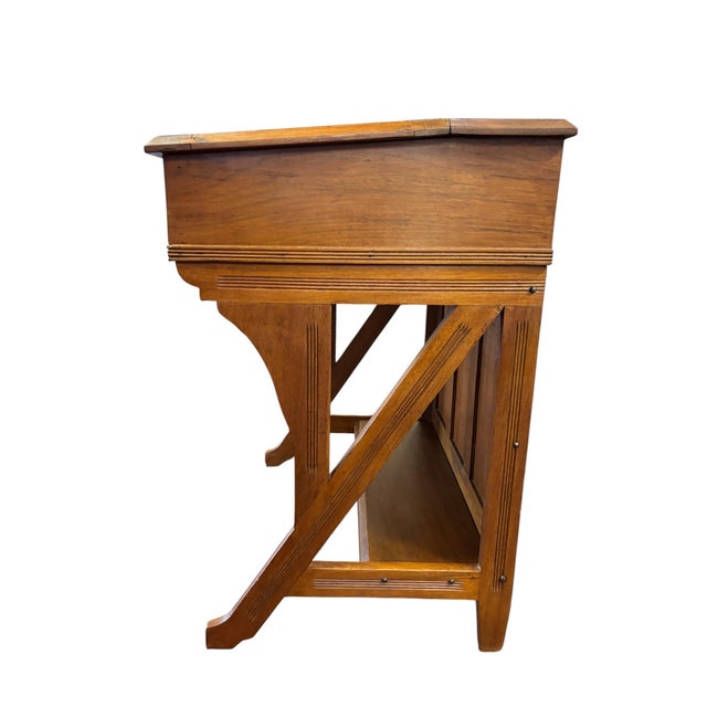 Early 20th Century Antique Arts & Crafts Mission Oak Writing Desk & Upholstered Chair Set, Early 20th Century For Sale - Image 5 of 12