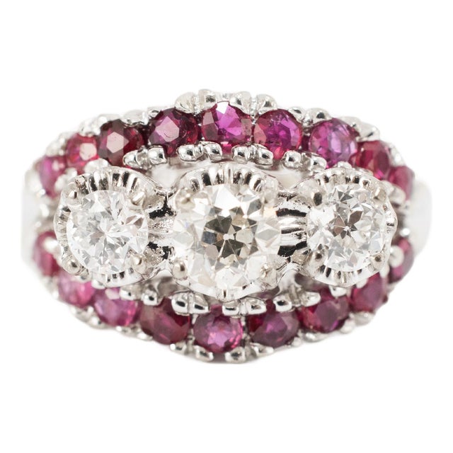 Antique 14k White Gold 1.33ctw Old Cut Diamond Ruby Three Stone Cocktail Ring, Size 7.25 For Sale